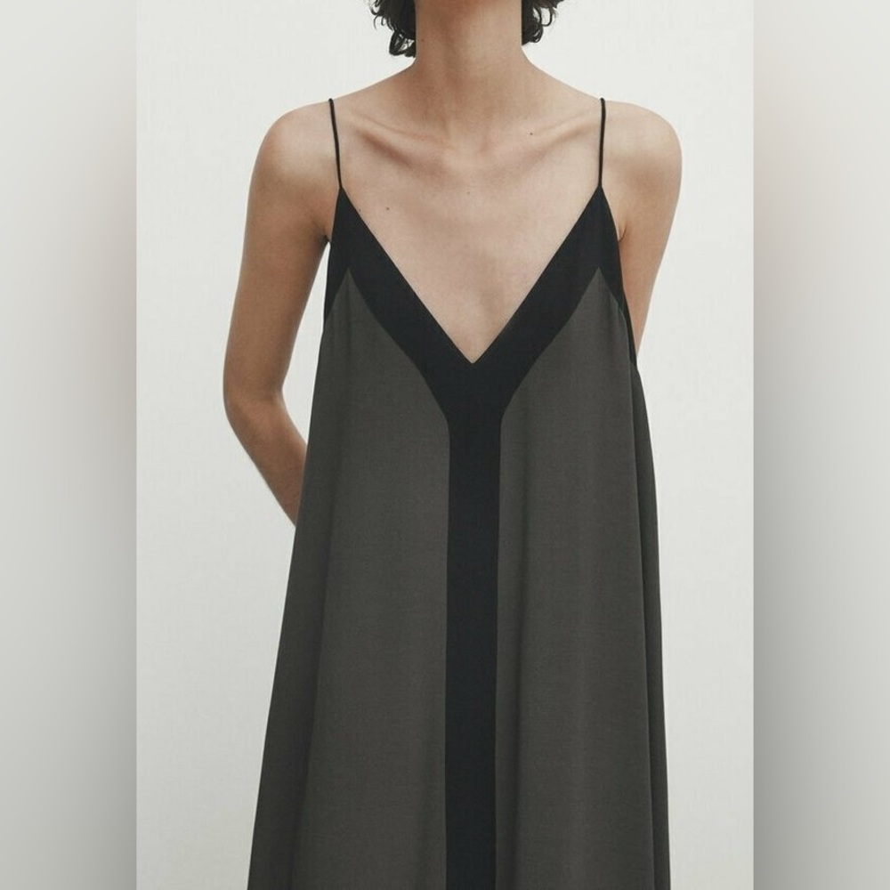 Stylish Massimo Dutti Black and Khaki Slip Dress, size M - Picture 3 of 9